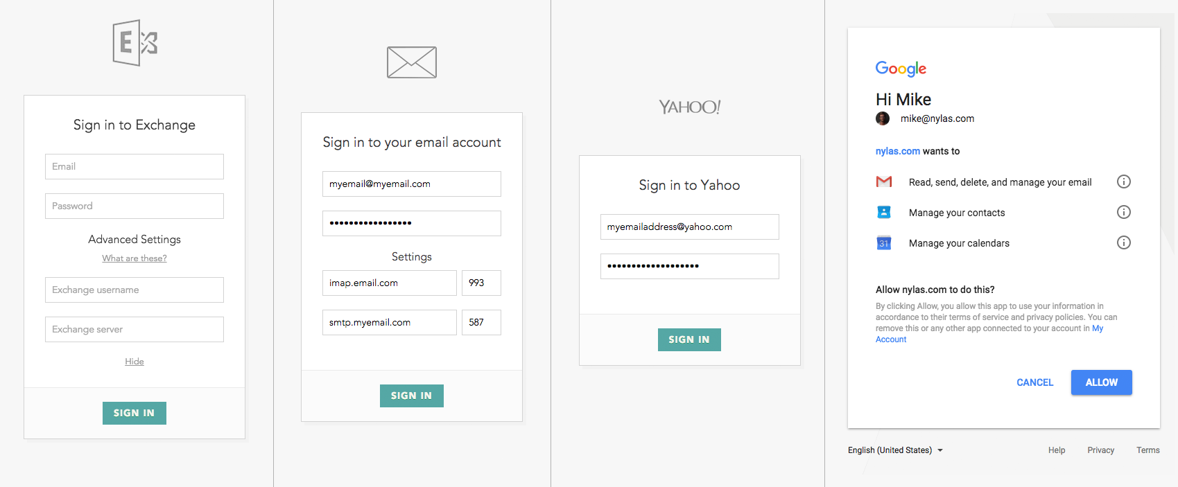 Examples of provider login screens for Microsoft Exchange, IMAP, Yahoo, and Gmail.