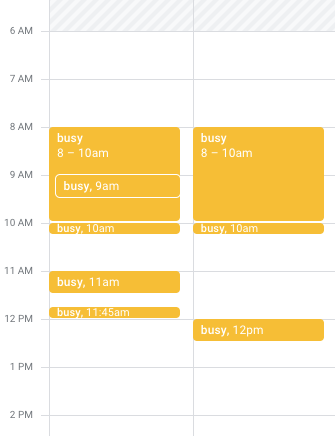 A calendar UI displaying the simple busy data returned by the Free/Busy endpoint.