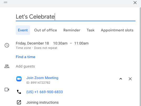 A new Google Calendar event. Its subject is "Let's Celebrate", and a Zoom link is in the Conferencing section.