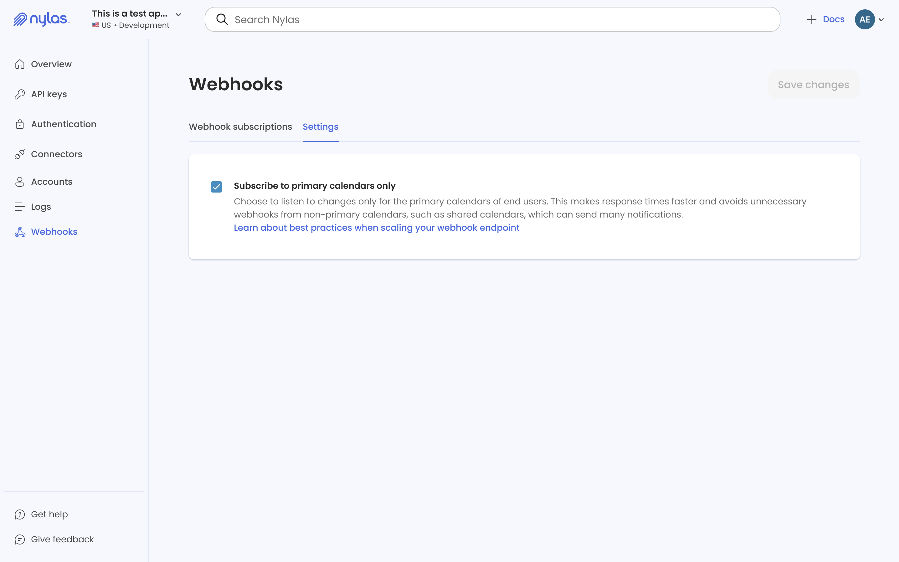 The Nylas Dashboard showing the "Webhooks settings" page. The "Subscribe to primary calendars only" option is selected.