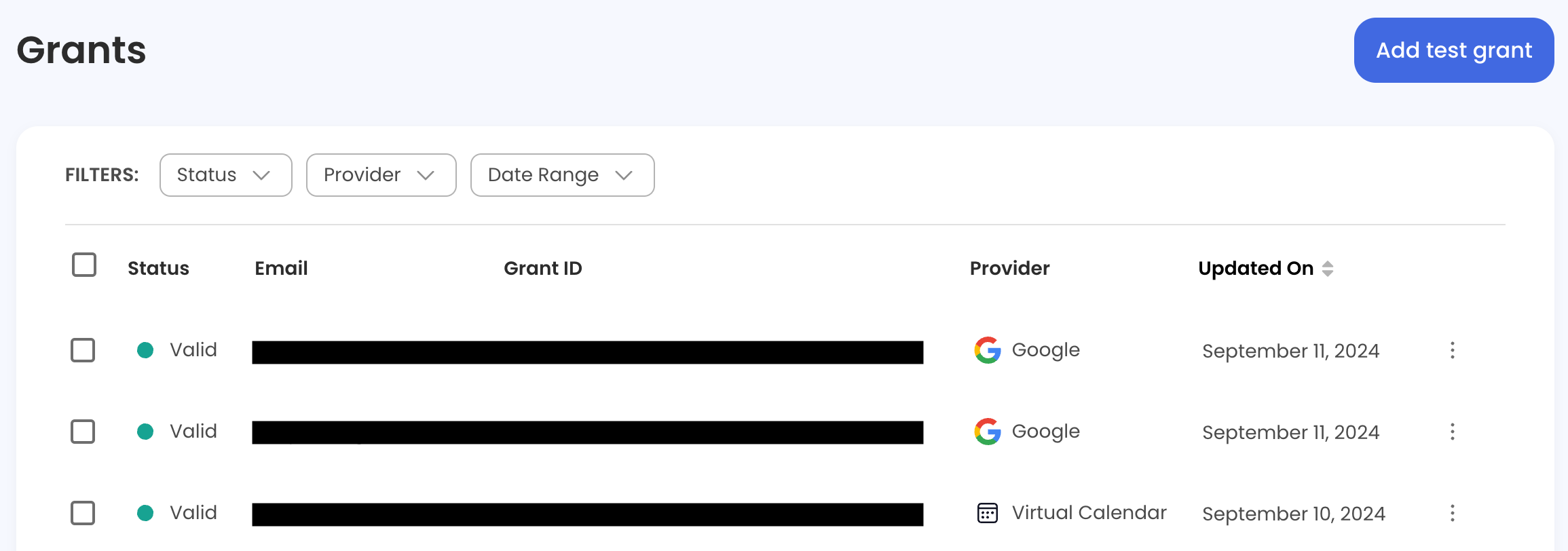 The Nylas Dashboard showing a list of grants. The virtual calendar's Provider is listed as Virtual Calendar.