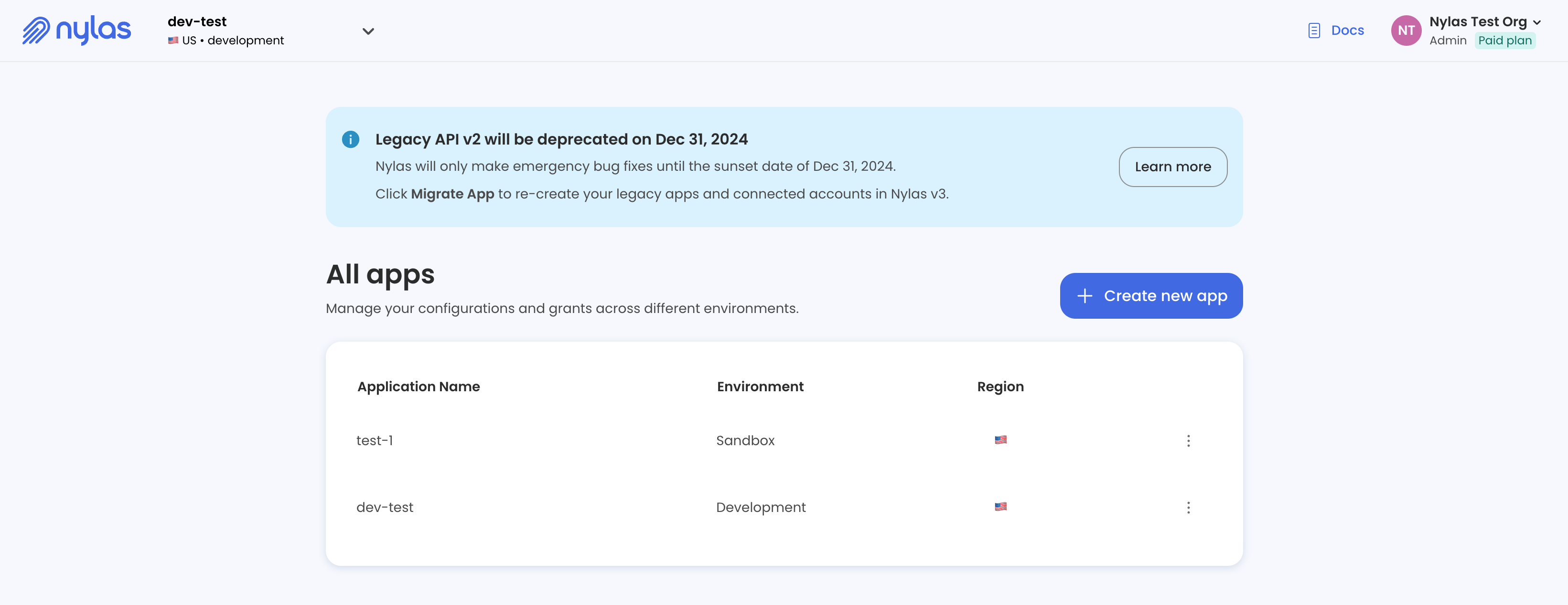 The v3 Nylas Dashboard showing the All Applications page. Two Nylas applications are listed: one Sandbox application, and one Development.