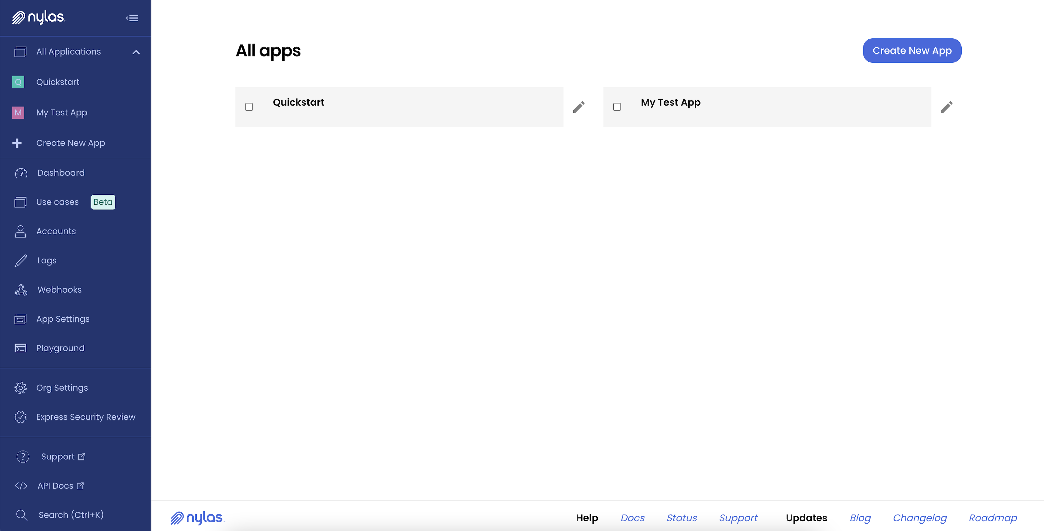 The Nylas Dashboard displaying the "All apps" page. Two applications are listed.