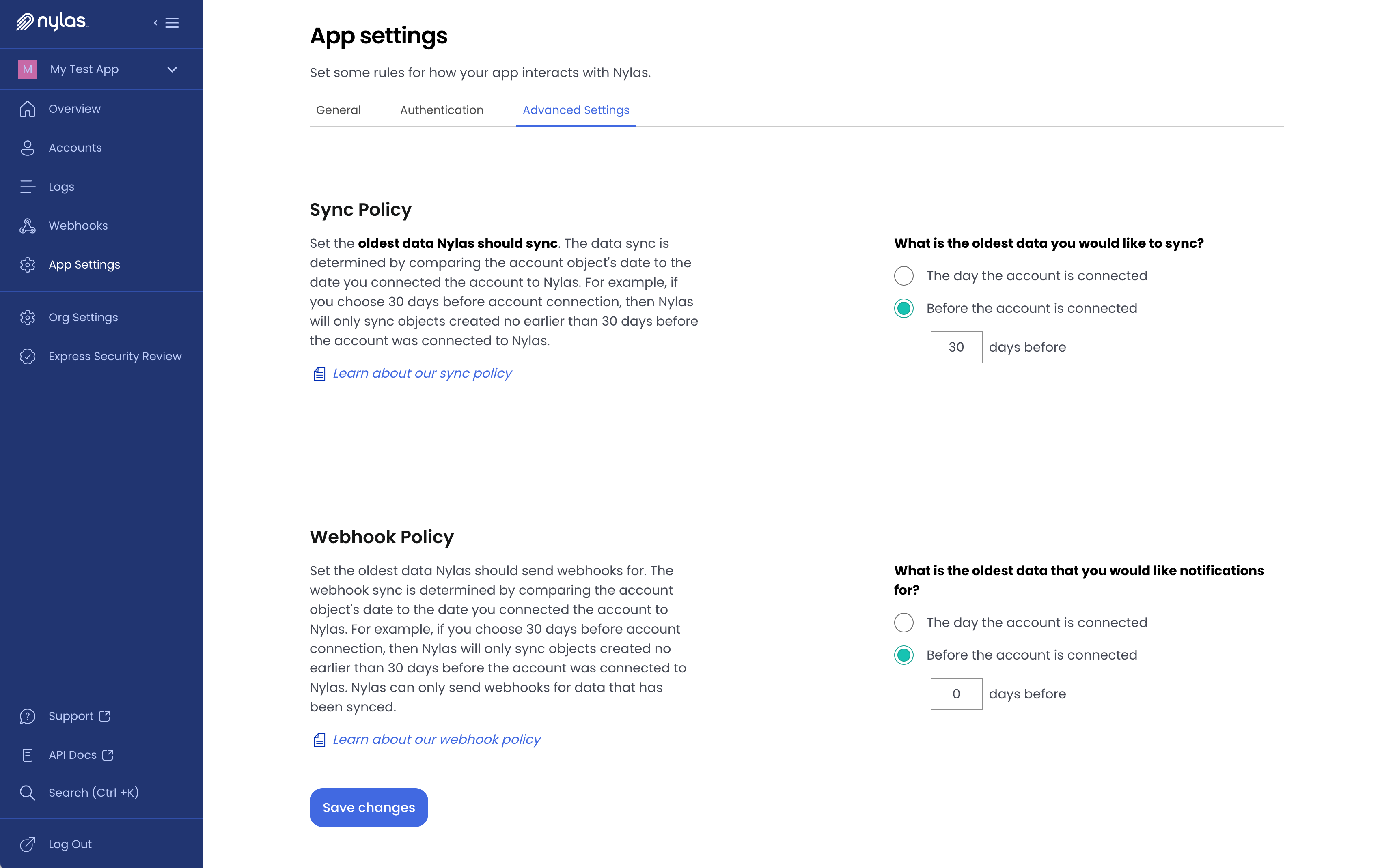 The Nylas Dashboard "App settings" page. The "Advanced settings" tab is selected, and the "Sync Policy" and "Webhook Policy" settings are shown.