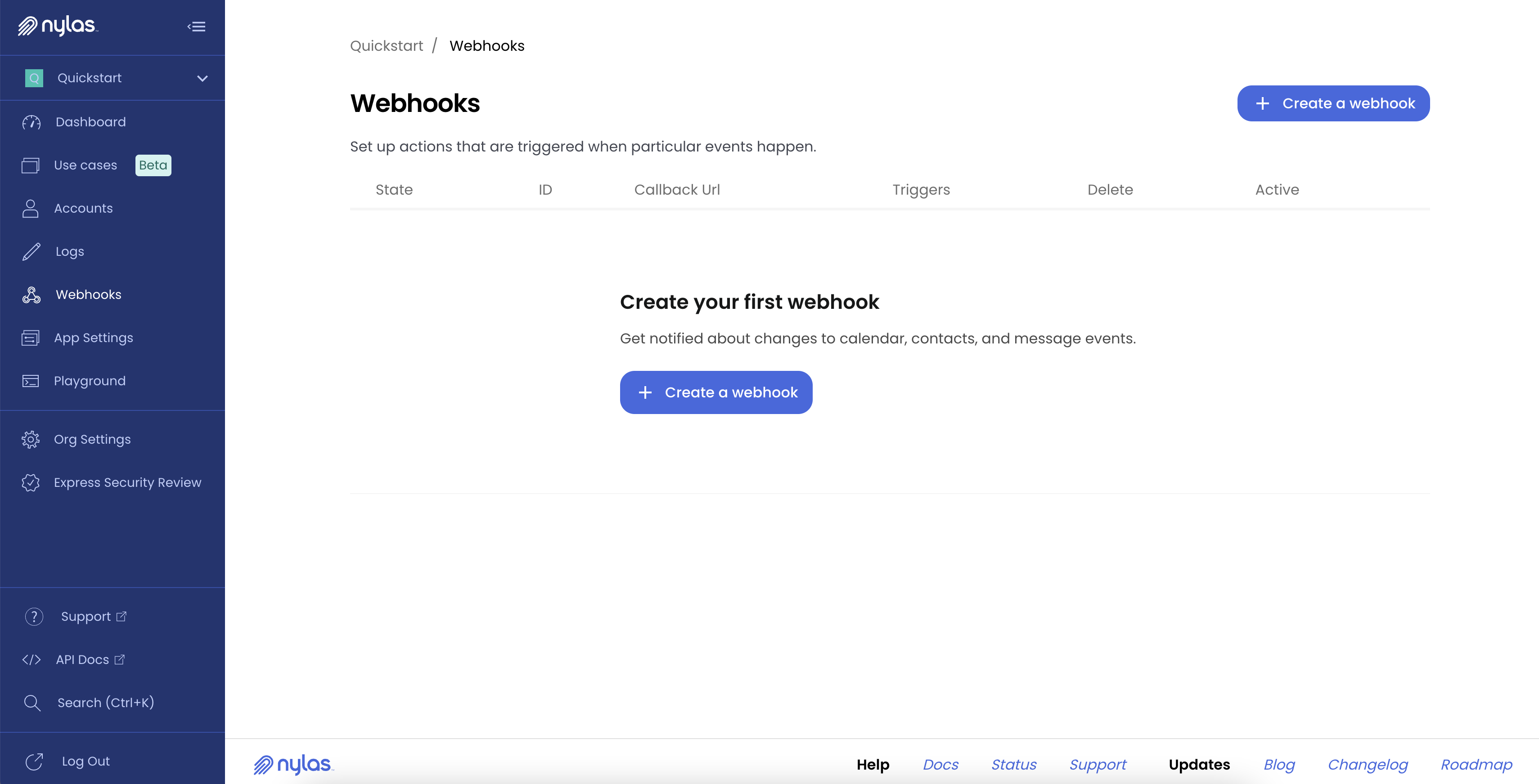 The "Webhooks" page showing an option to create the Nylas application's first webhook.