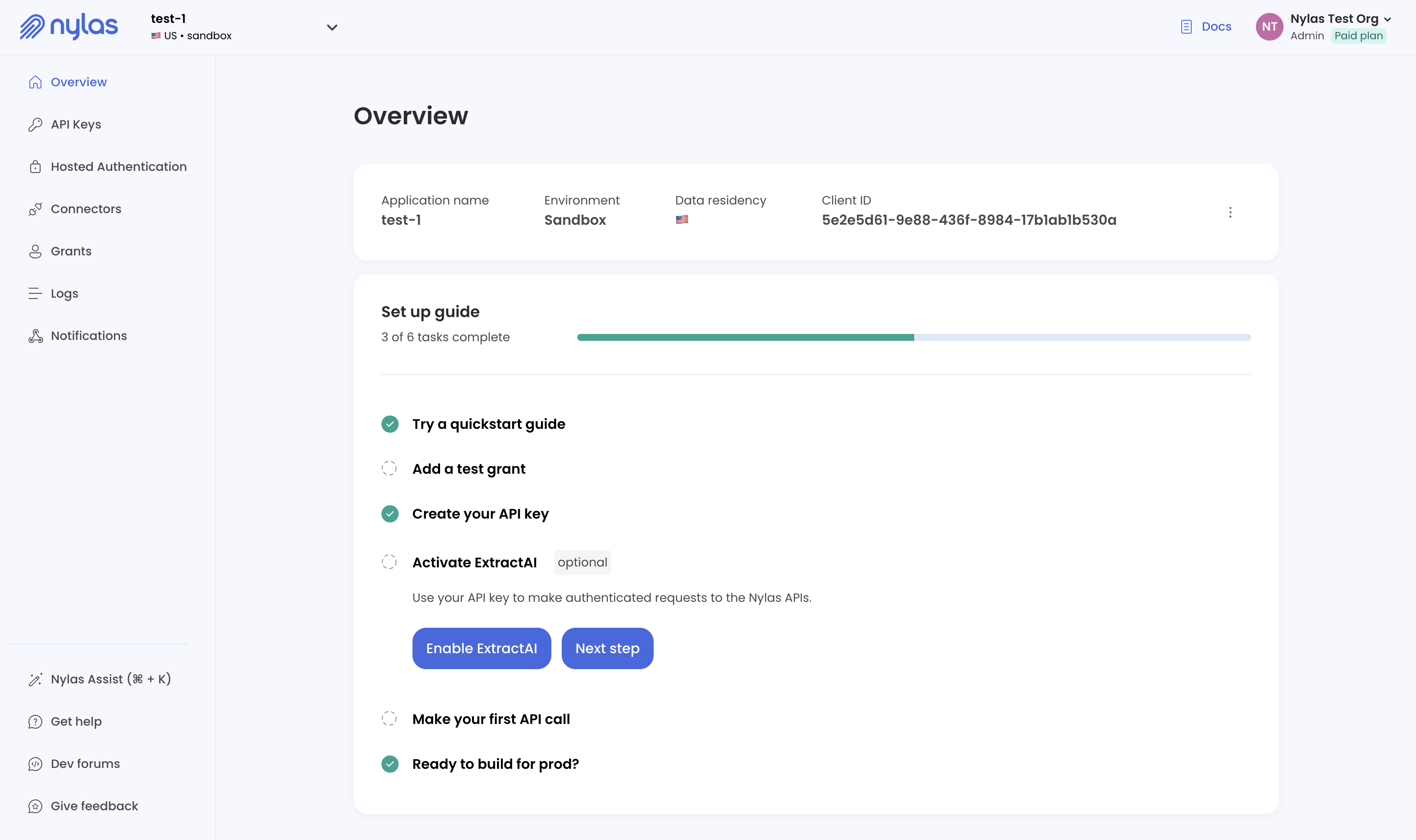 The Nylas Dashboard displaying the Overview page. The "Activate ExtractAI" option is expanded.