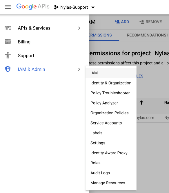 Google Cloud Platform dashboard navigation menu. The "IAM and Admin" list is expanded, and "IAM" is highlighted.