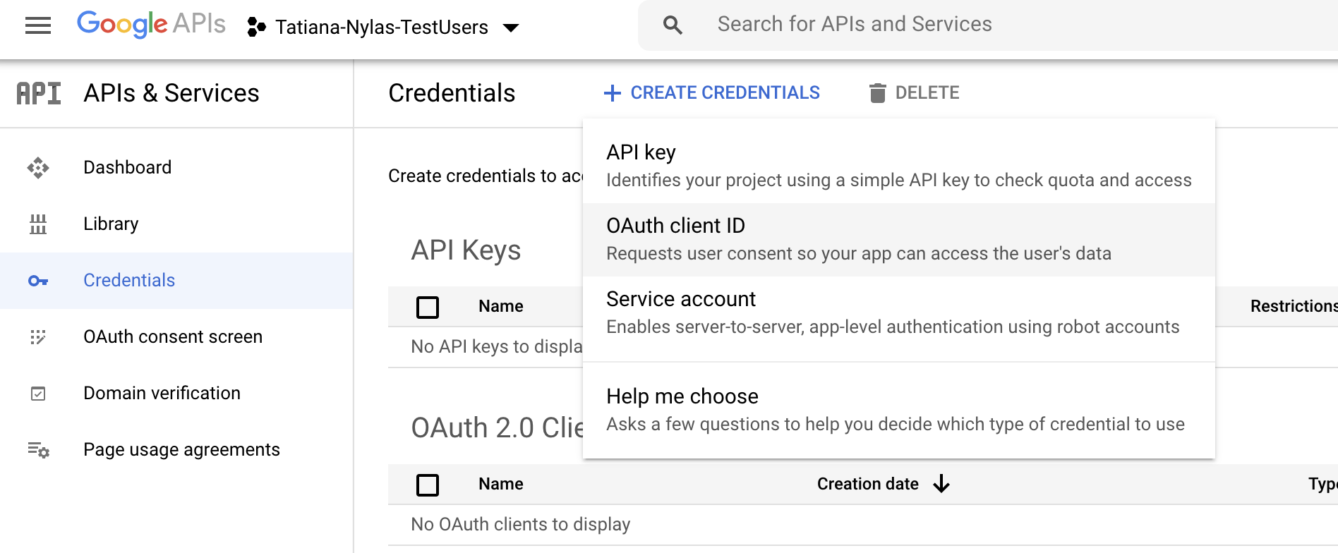 The Google Cloud Platform Console showing the "Credentials" page. The "Create credentials" drop-down list is expanded, and the "OAuth client ID" option is highlighted.