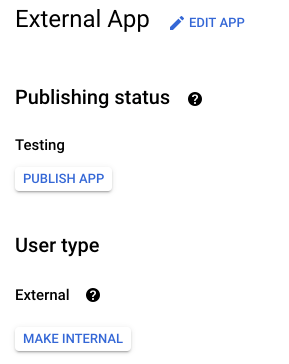A close-up of the Google Cloud Platform "External app" dialog. The "Publishing status" and "User type" options are displayed.