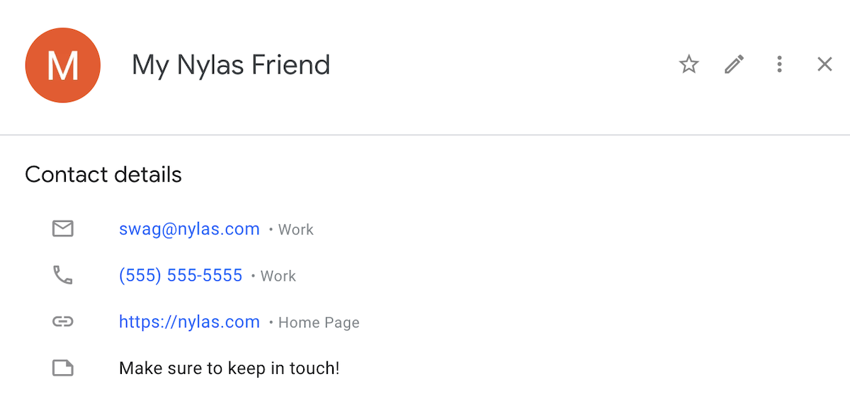 A Google Contact card displaying the information for a contact named My Nylas Friend.