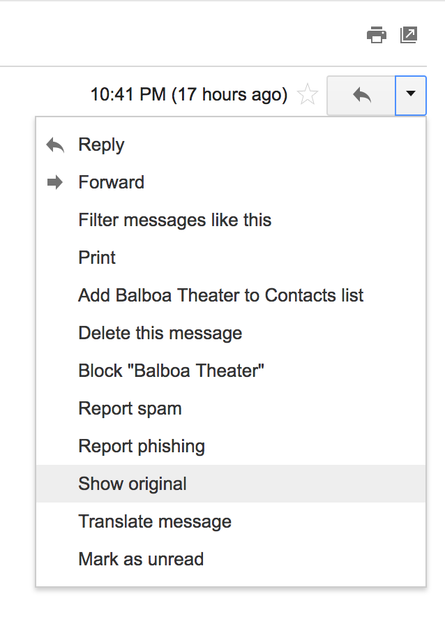 A close-up of the Gmail interface. The options menu for an email message is expanded, and "Show original" is highlighted.