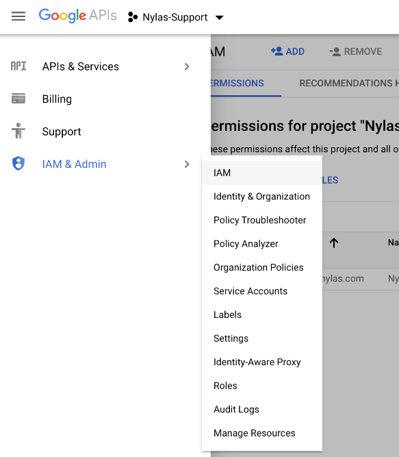 Google Cloud console navigation menu. The "IAM and Admin" list is expanded, and "IAM" is highlighted.
