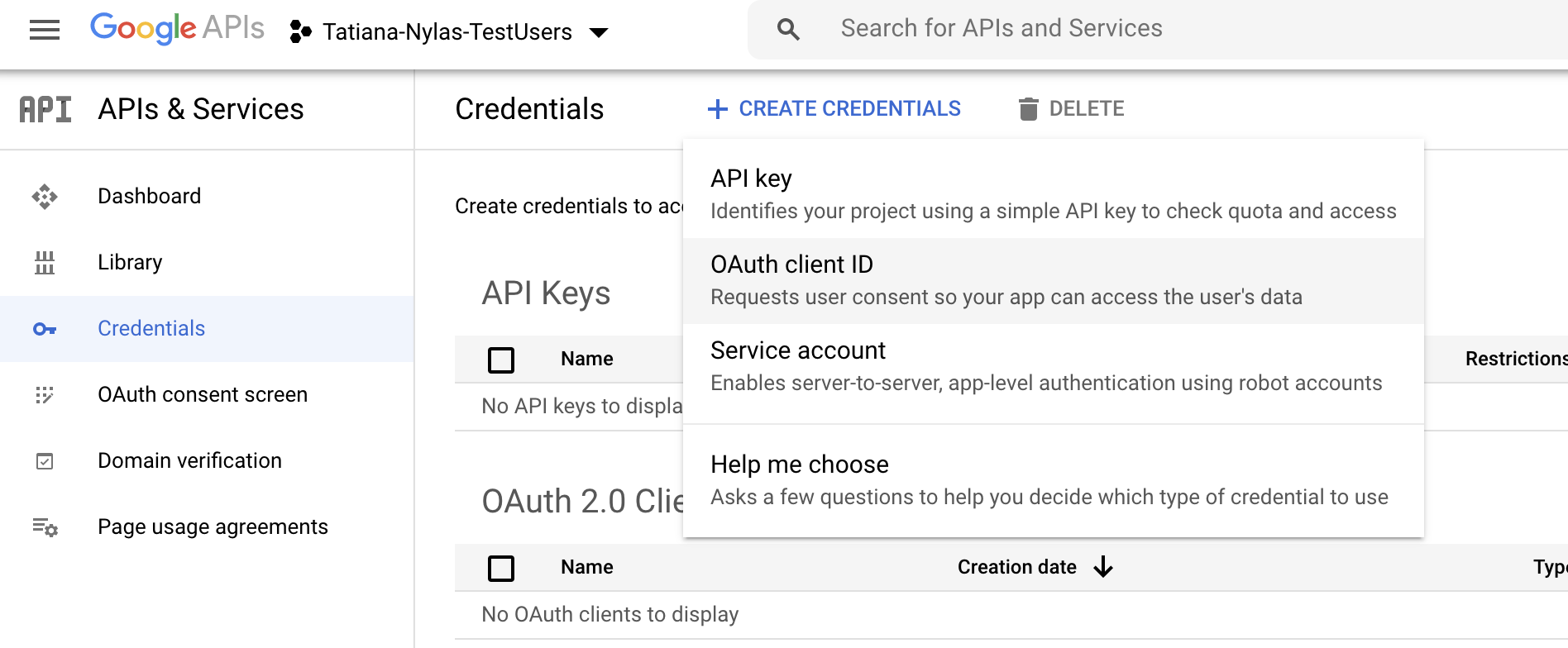 The Google Cloud console showing the "Credentials" page. The "Create credentials" drop-down list is expanded, and the "OAuth client ID" option is highlighted.