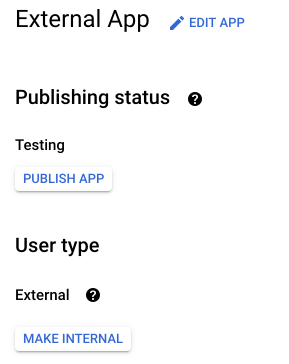 A close-up of the Google Cloud "External app" dialog. The "Publishing status" and "User type" options are displayed.