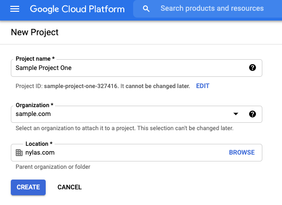 Google Cloud Platform "Create Project" page. The form is populated with sample information.