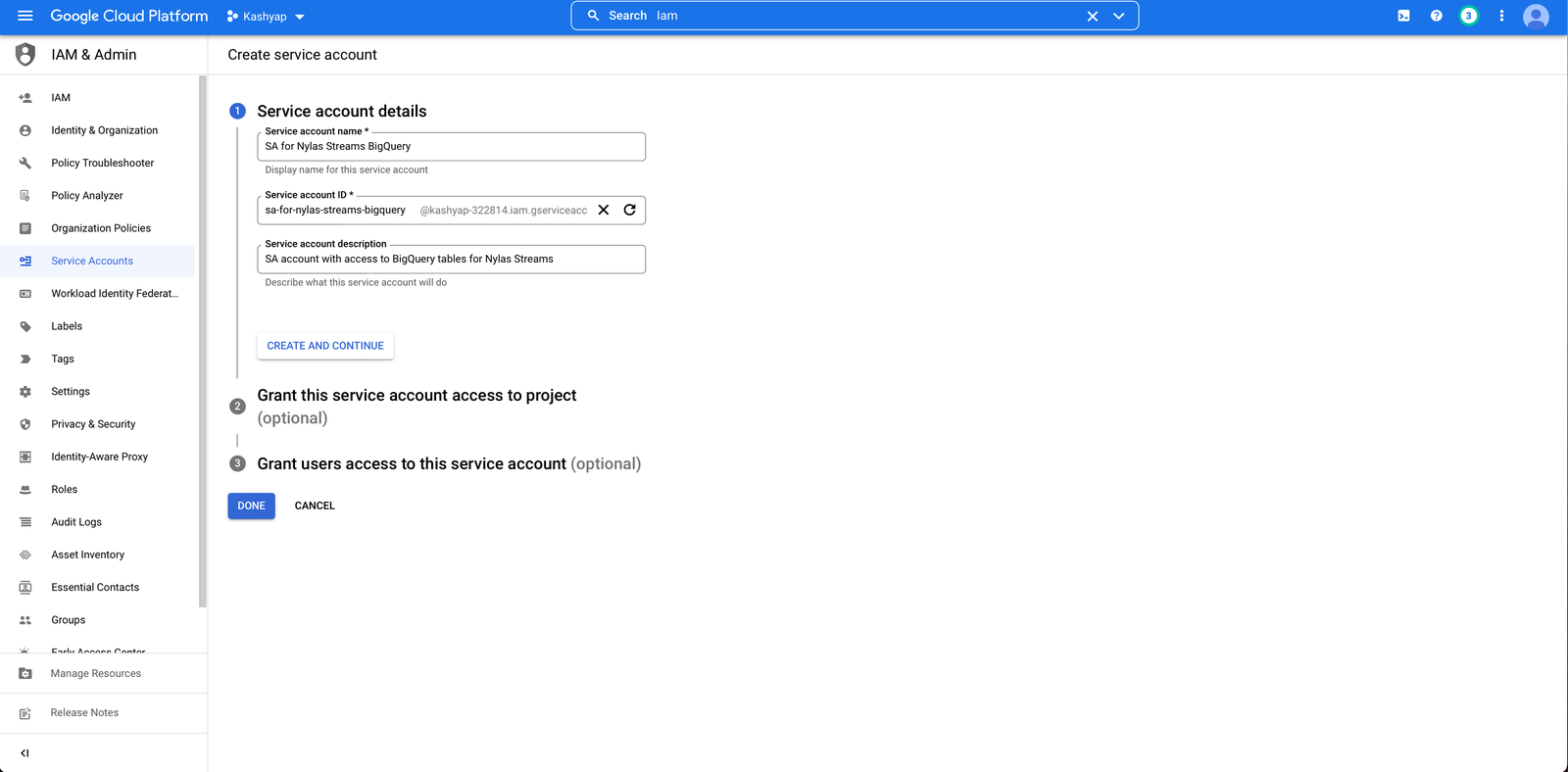 Google console showing the Create service account page