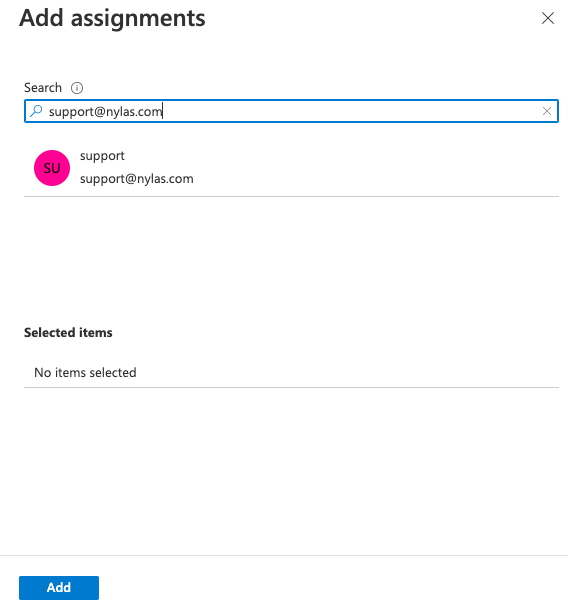 The Microsoft Azure Portal showing the "Add assignments" pop-up. A list of search results is displayed.