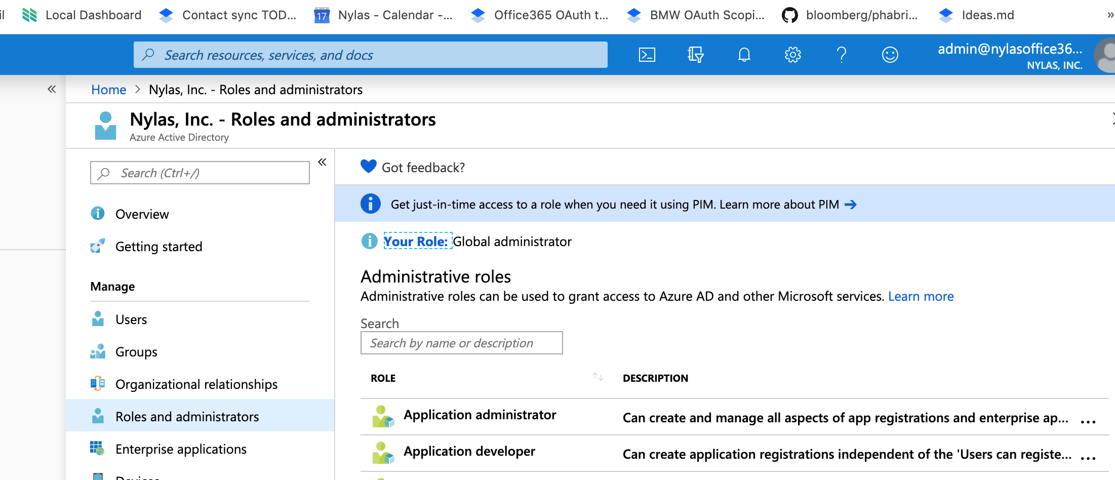 The Microsoft Azure Portal showing the "Roles and administrators" page for an Azure application. A list of configured roles is shown.