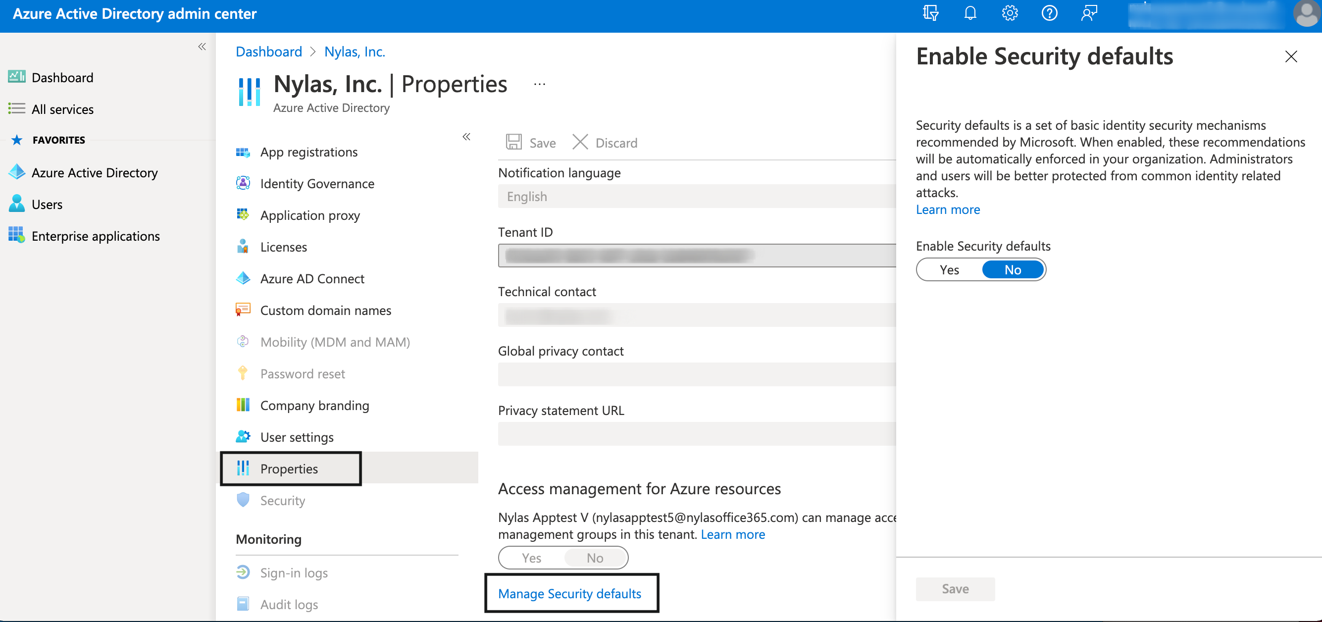 Azure active directory admin center showing security defaults tab open.
