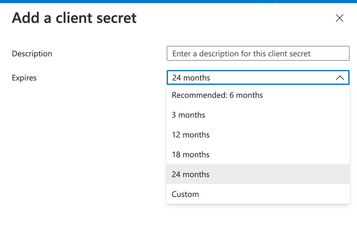 Microsoft Azure Portal displaying the Add a Client Secret dialog.