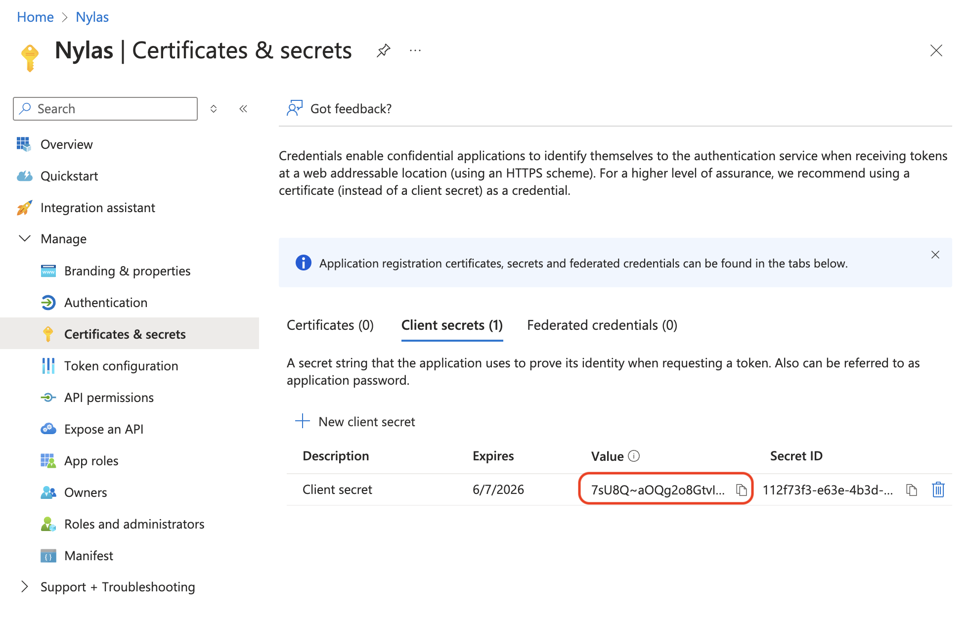 The Microsoft Azure Portal showing the "Client secrets" page. One client secret is listed. It's value is blurred out and circled in green.