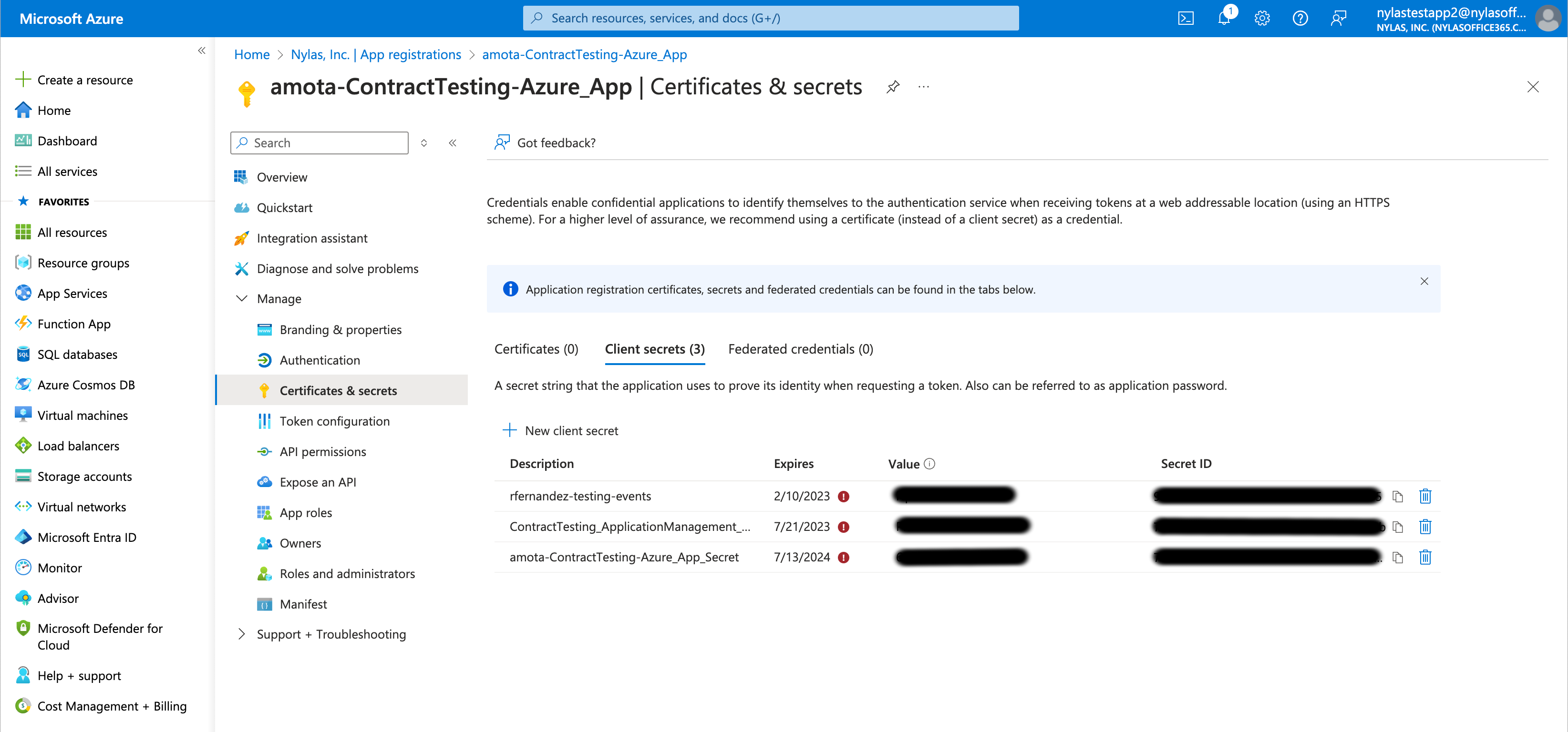 The Microsoft Azure Portal showing the "Certificates & secrets" page for a test application. A list of redacted client secrets is displayed.