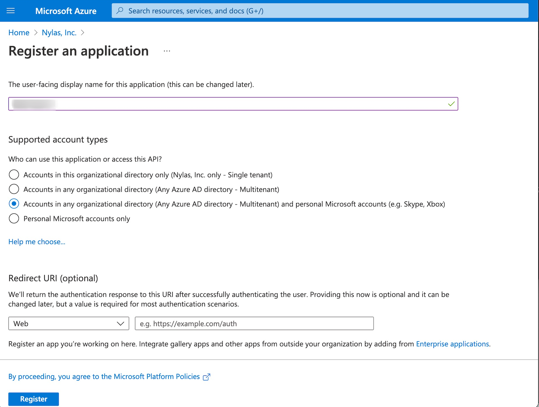 The Microsoft Azure Portal displaying the "Register an application" page. The "Accounts in any organizational directory and personal Microsoft accounts" is selected.