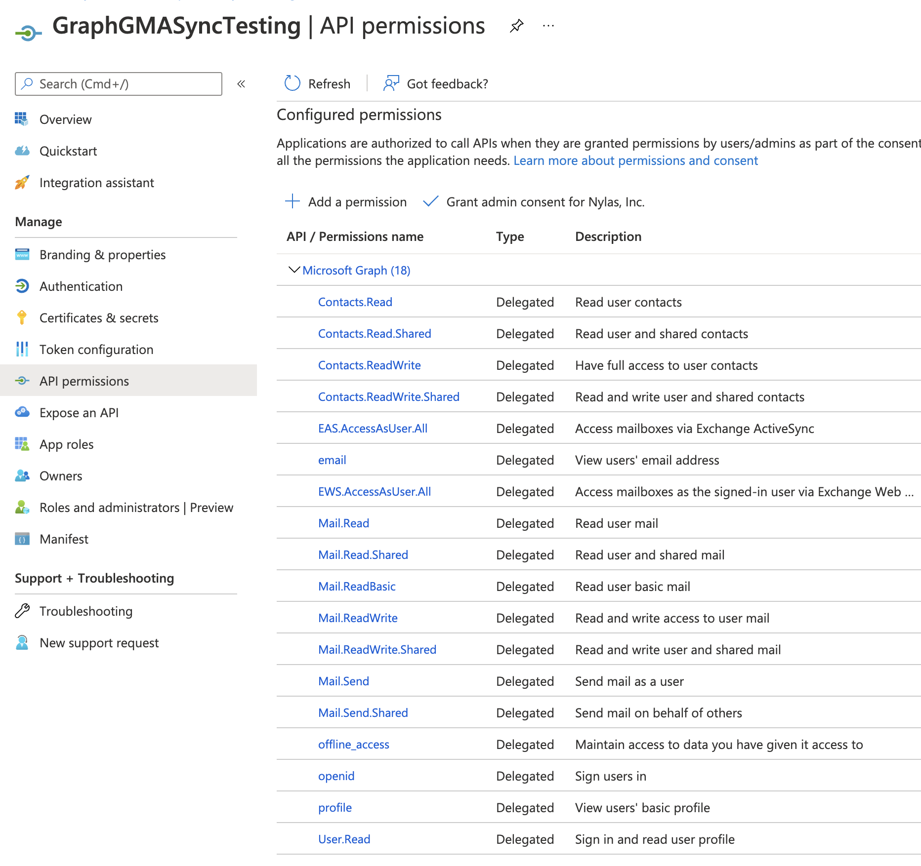 Microsoft Azure Portal displaying the API Permissions page.