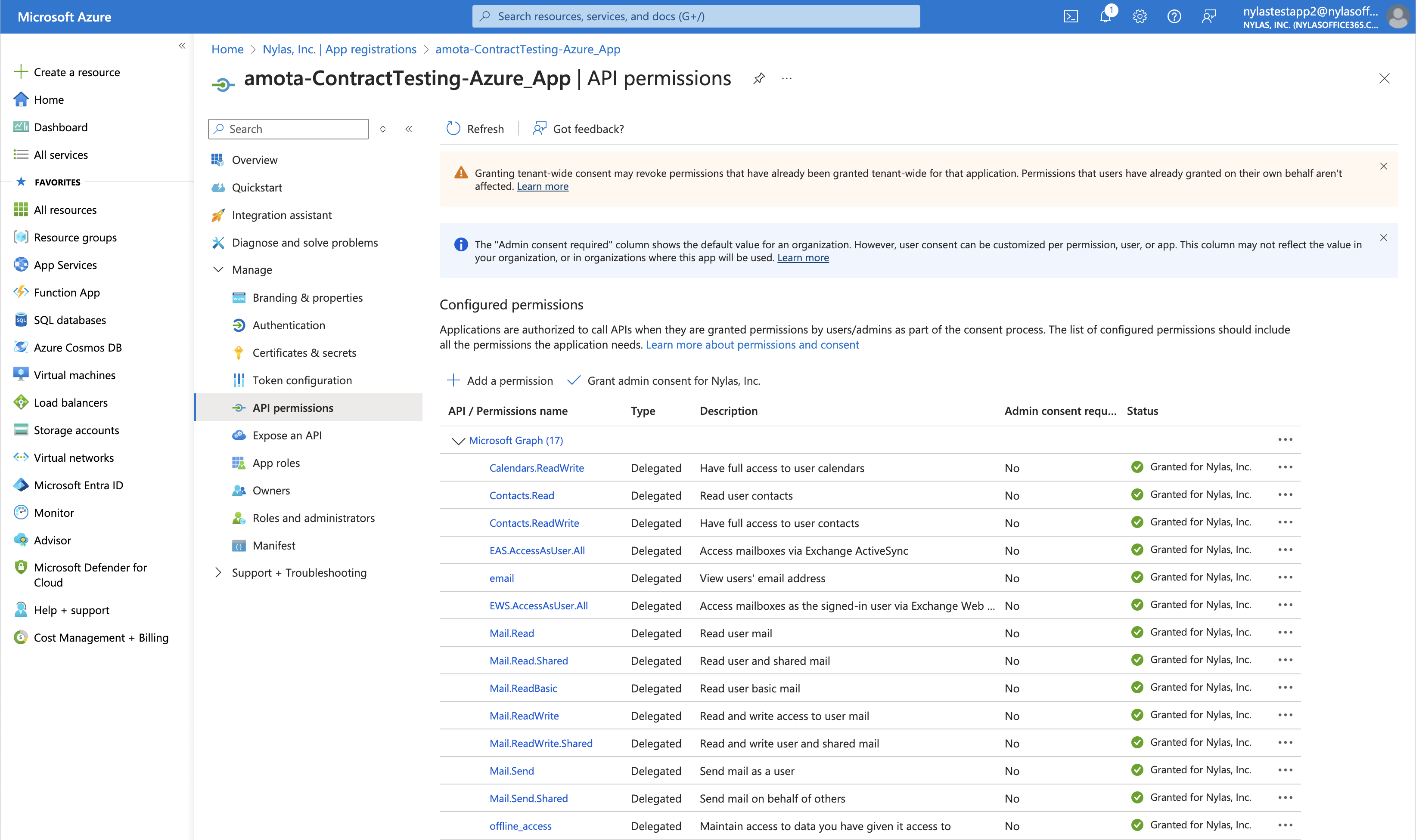 The Microsoft Azure Console showing the "API permissions" page. The configured permissions for Microsoft Graph are listed.