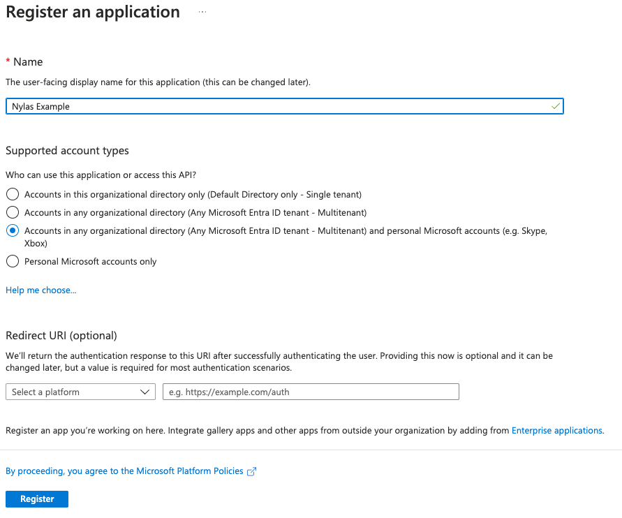 Microsoft Azure Portal displaying the "Register an Application" page.