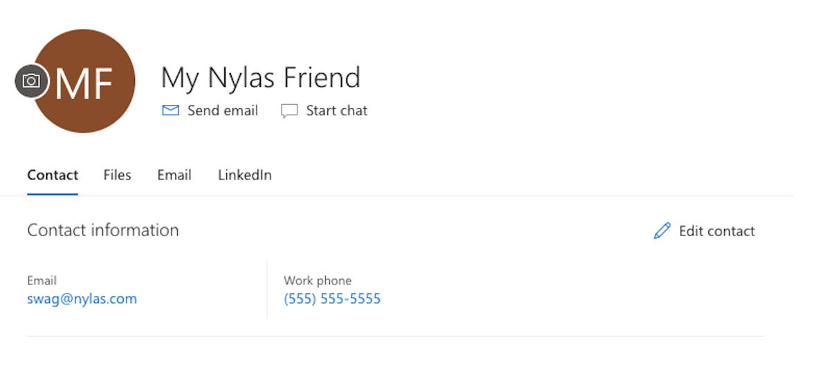 A Microsoft Contact card displaying the information for a contact named My Nylas Friend.