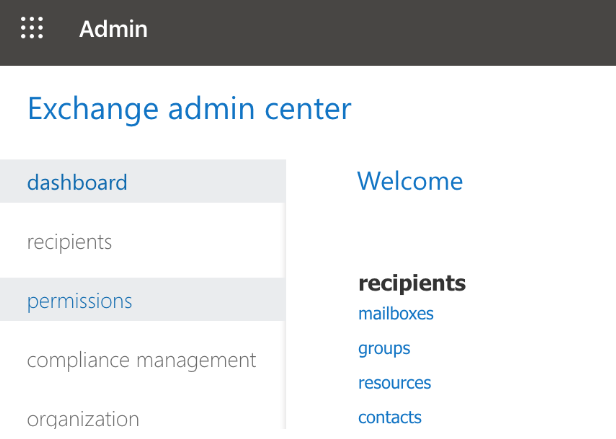 A close-up of the Microsoft "Exchange admin center" page. The left navigation menu and the "Recipients" settings options are displayed.