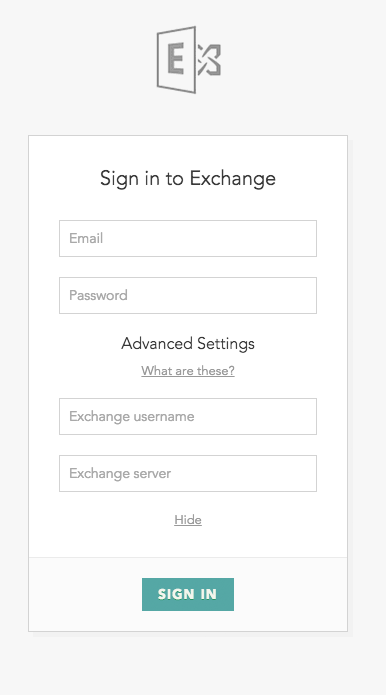 The Microsoft Exchange login page showing the "Advanced Settings" options.