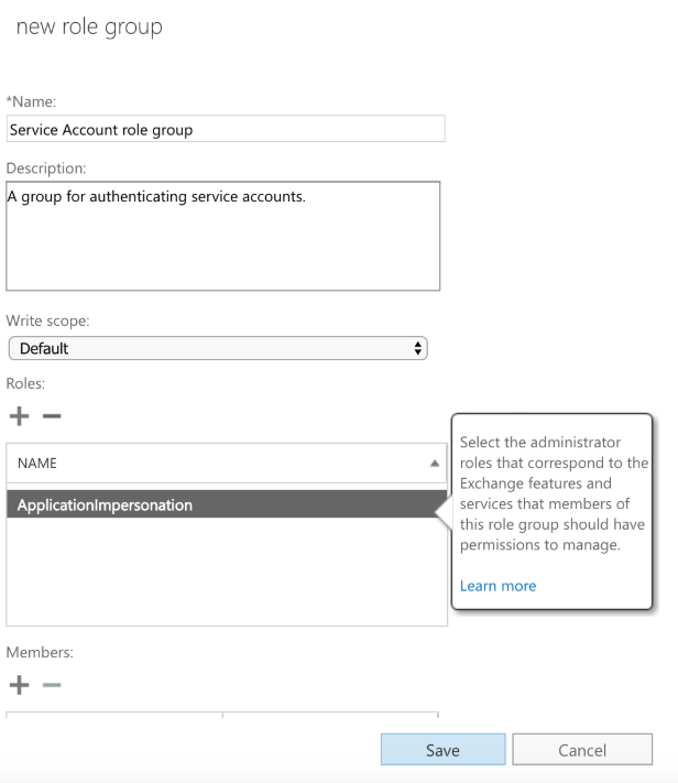The Microsoft Exchange interface showing the "New role group" page. The fields are filled out with demo information, and the "ApplicationImpersonation" role is selected.