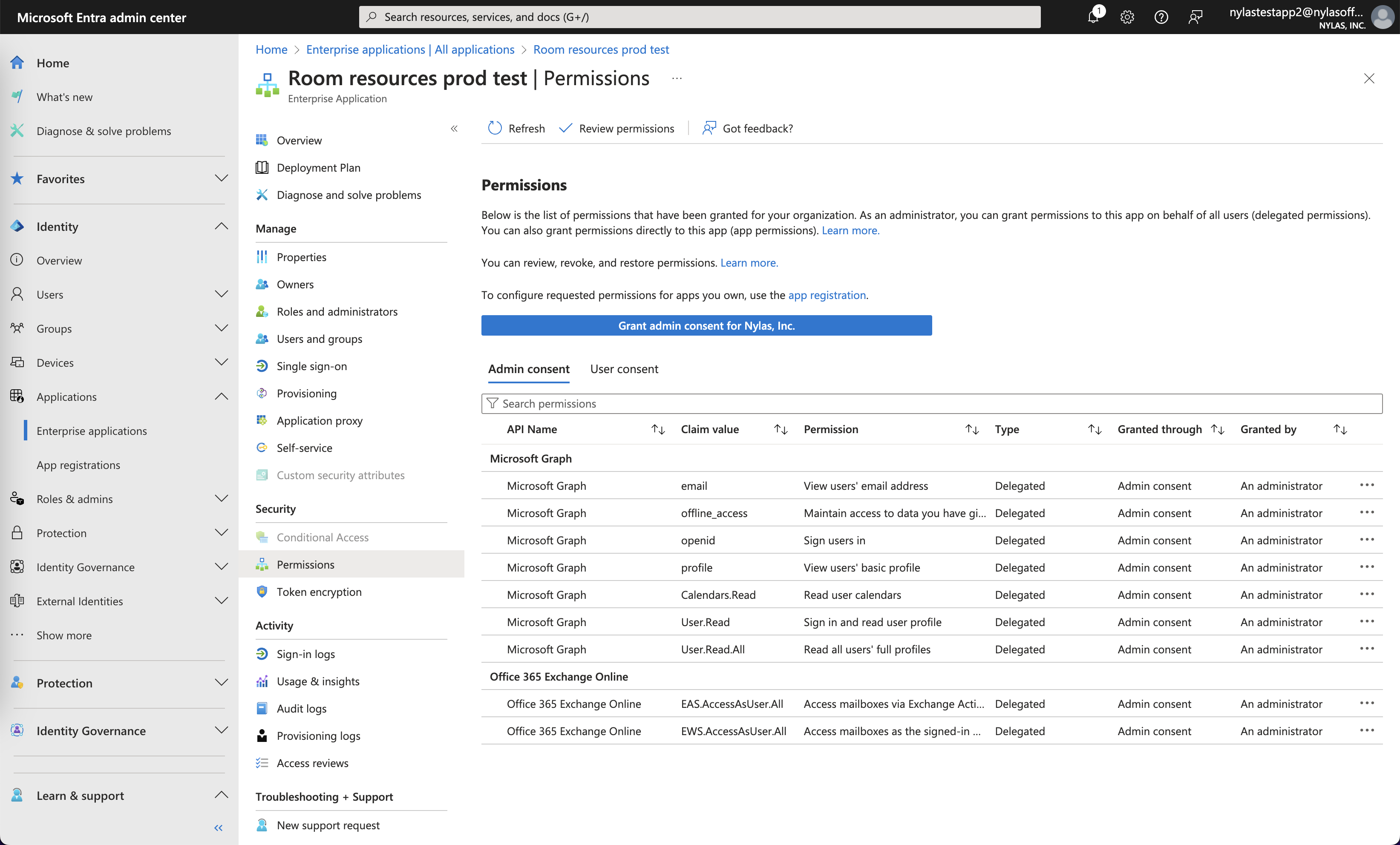 The Microsoft Entra admin center showing the "Permissions" page for a sample enterprise application.