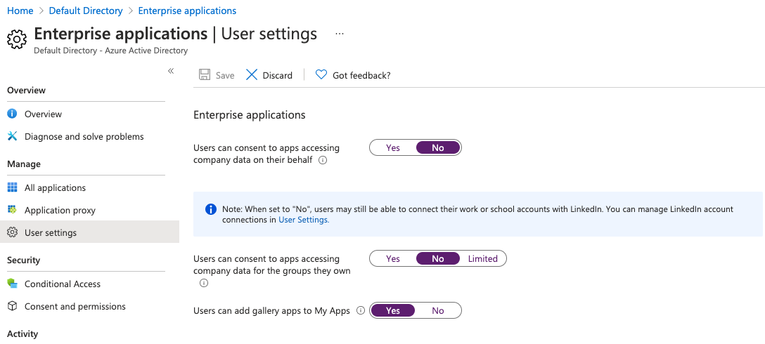The Microsoft Azure Portal showing the "User settings" page for an enterprise application.
