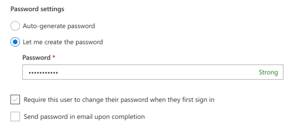 A close-up of the Microsoft Office 365 Admin Center "Active users" page. The "Password settings" section is shown, and the "Let me create the password" option is selected.