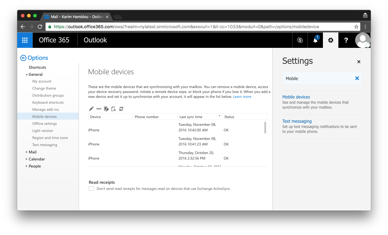 The Microsoft Office 365 Outlook interface showing the "Mobile devices" page. A list of mobile devices that have accessed the account is shown. The list is sorted by "Last sync time".