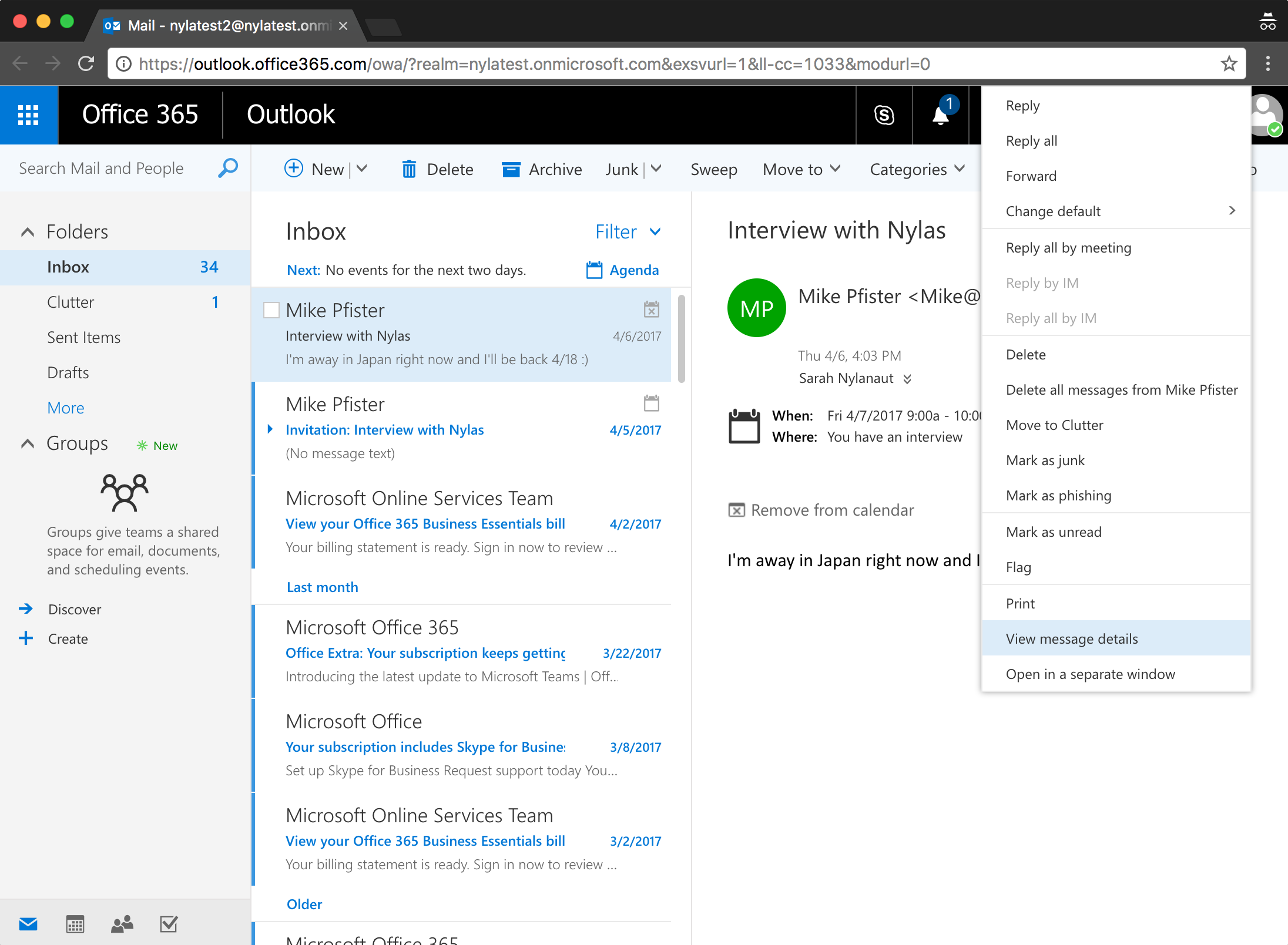 The Microsoft Outlook interface showing a user's inbox. An email message is open, and the options menu is expanded. "View message details" is highlighted.
