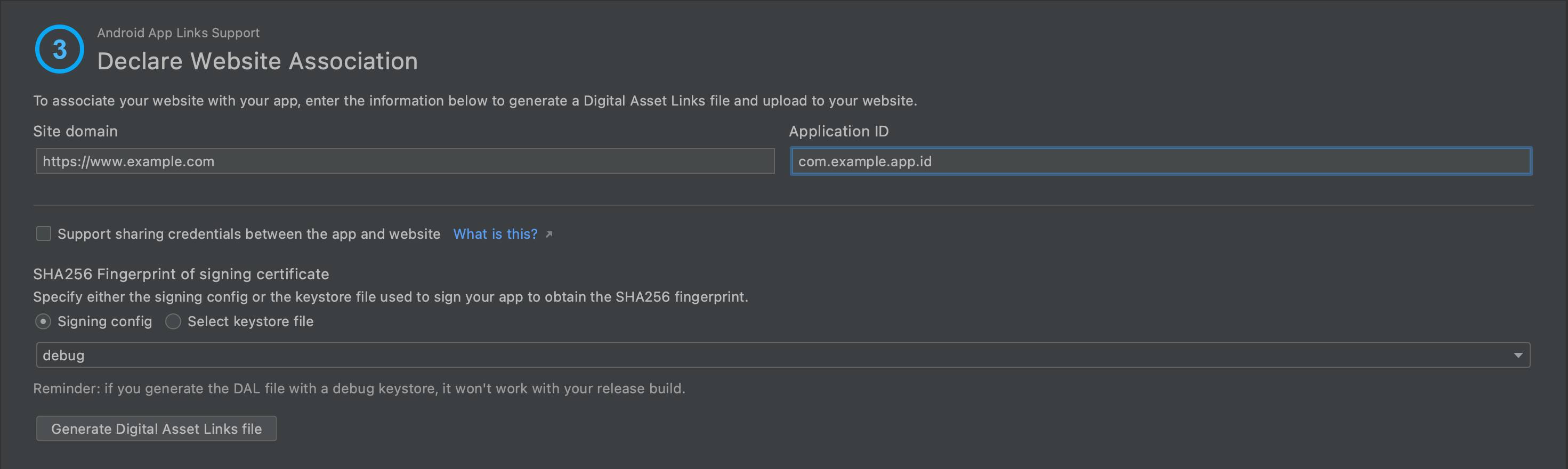 Android Studio Website Association