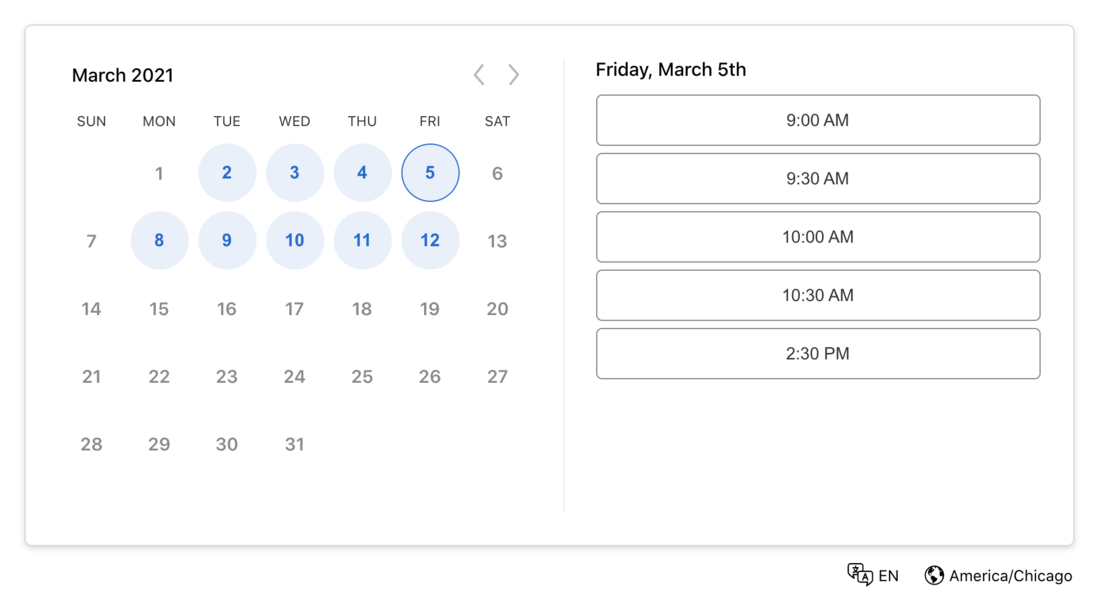 The show week view on the scheduler booking page is hidden.
