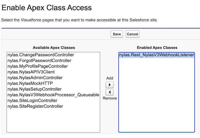 The "Available Apex Classes" list with the webhook listener class added.