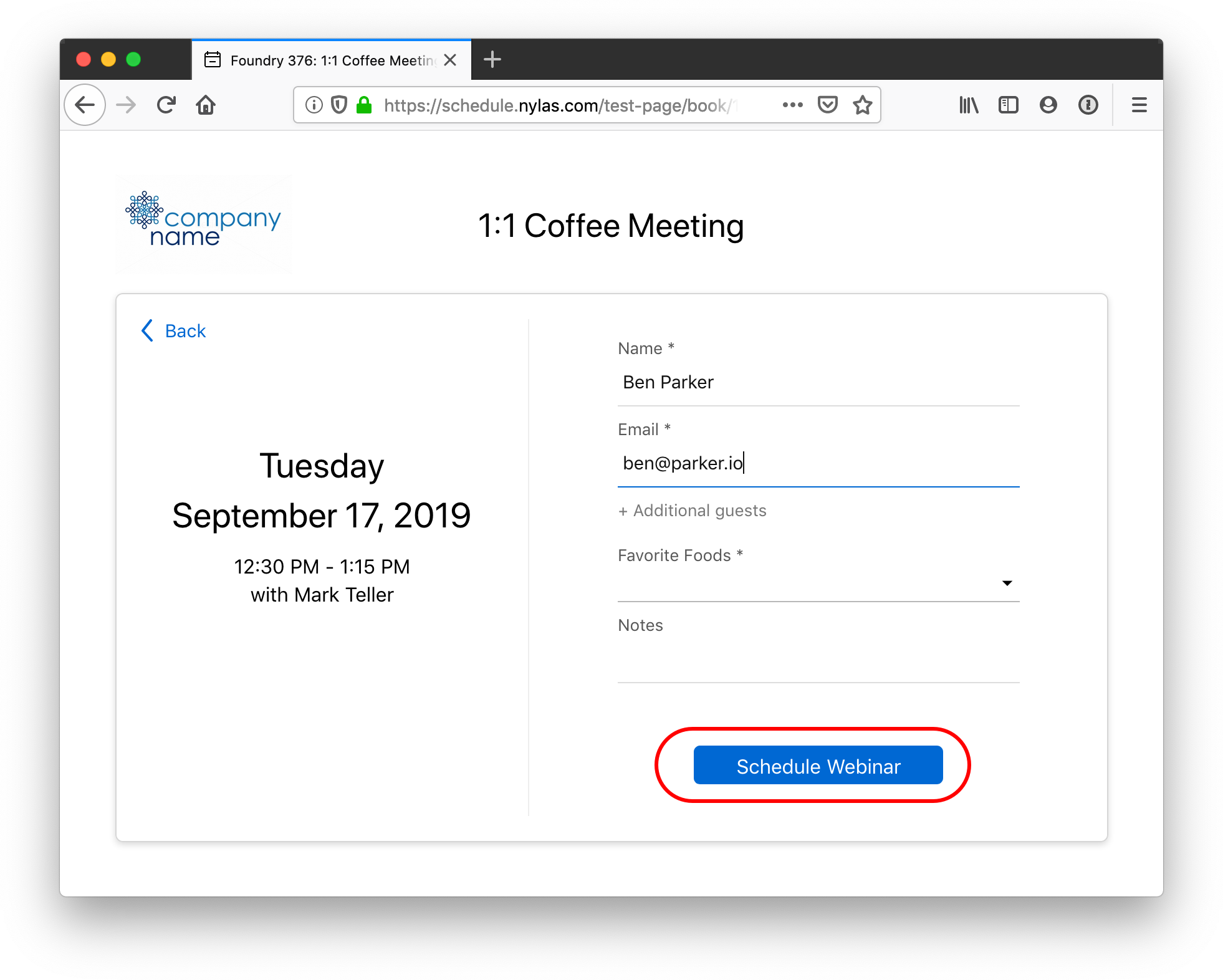 The Nylas Scheduler showing the details of a one-on-one coffee chat. The participant information fields are filled in with demo information. The custom "Schedule webinar" button is circled in red.