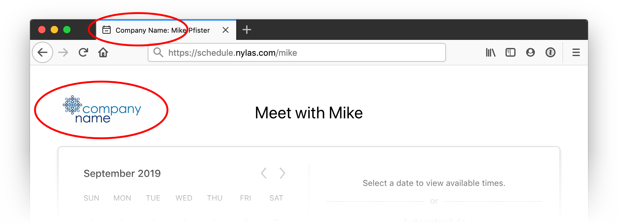 The top of a Scheduler page with a custom logo. The custom logo on the page is circled in red. The company name in the tab title is circled in red.