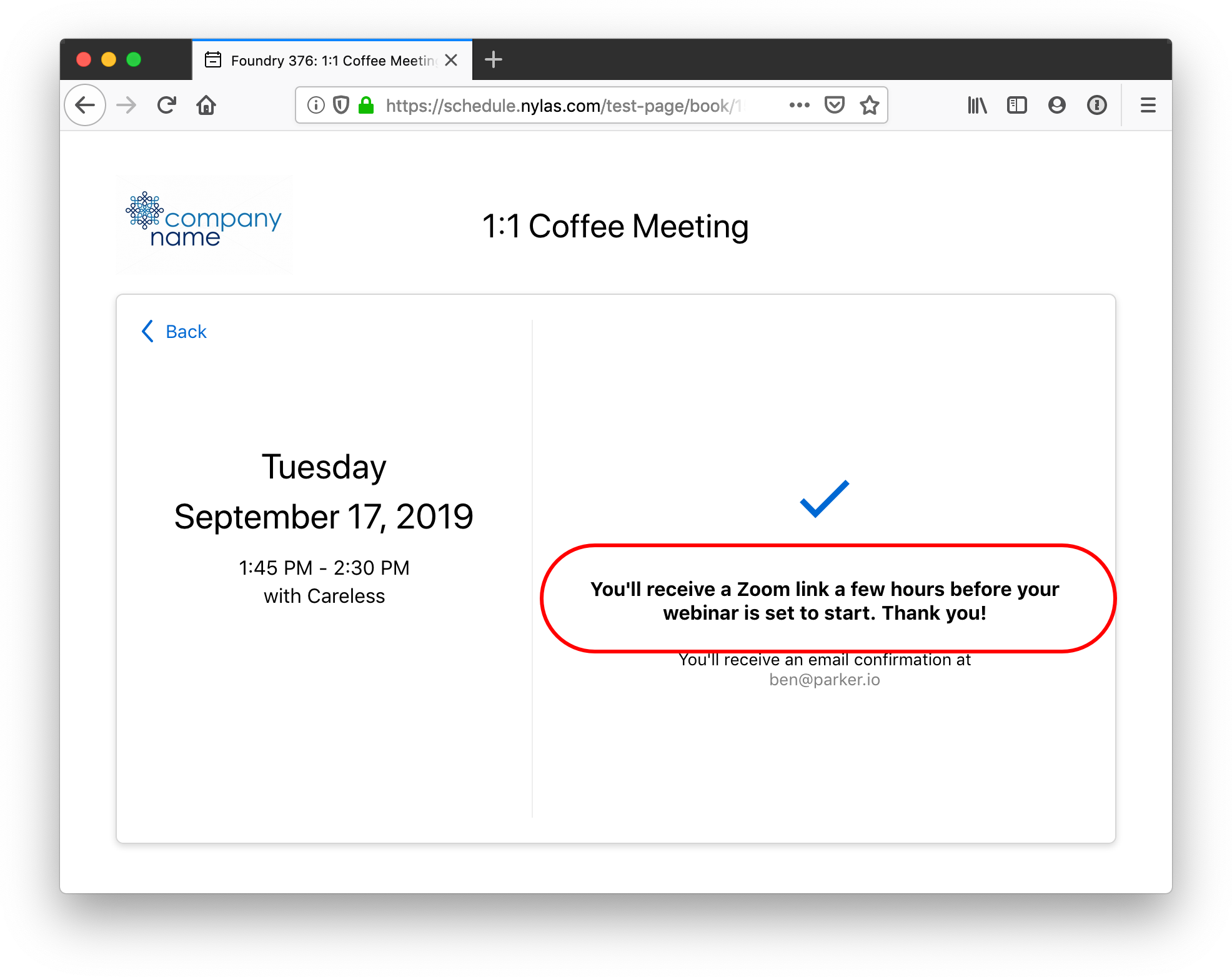 The Nylas Scheduler showing the details of a one-on-one coffee chat. The custom "Thank you" message is circled in red.