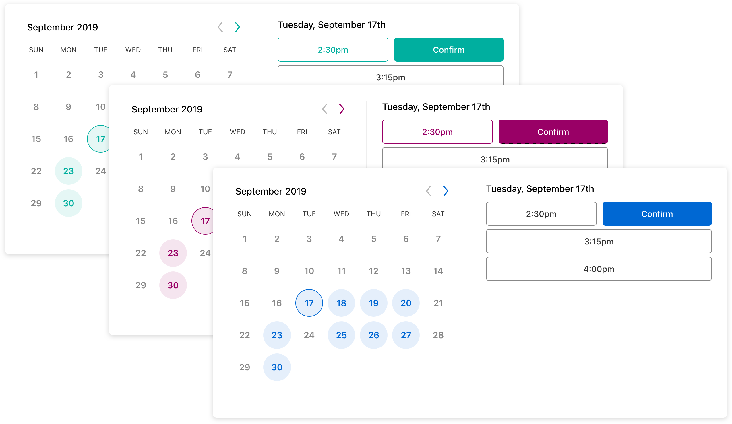 A series of three overlapping Nylas Scheduler pages with custom color schemes. From left to right, the pages use green, purple, and blue color schemes.