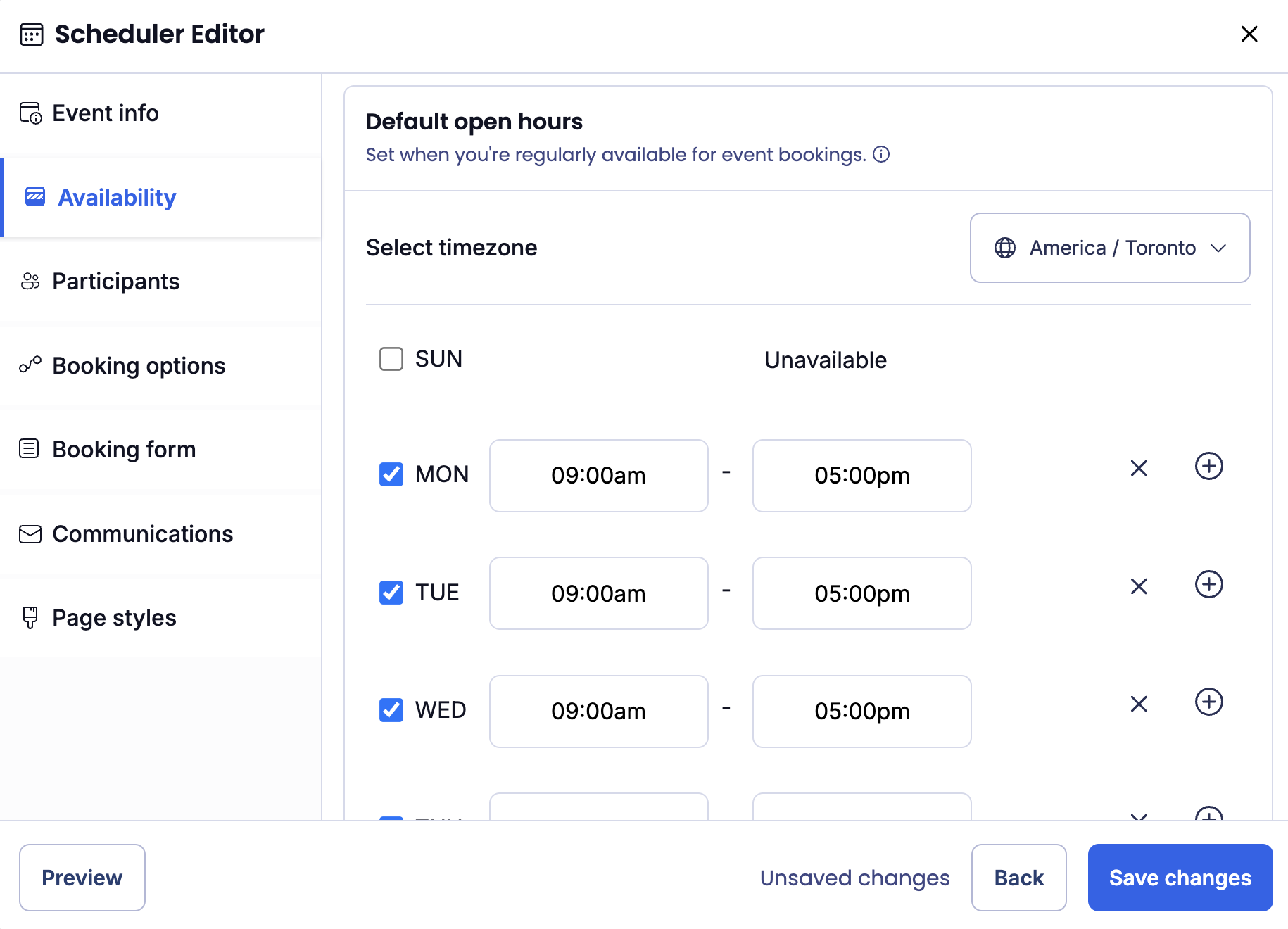 The Scheduler Editor shows the Default open hours section on the Availability tab.