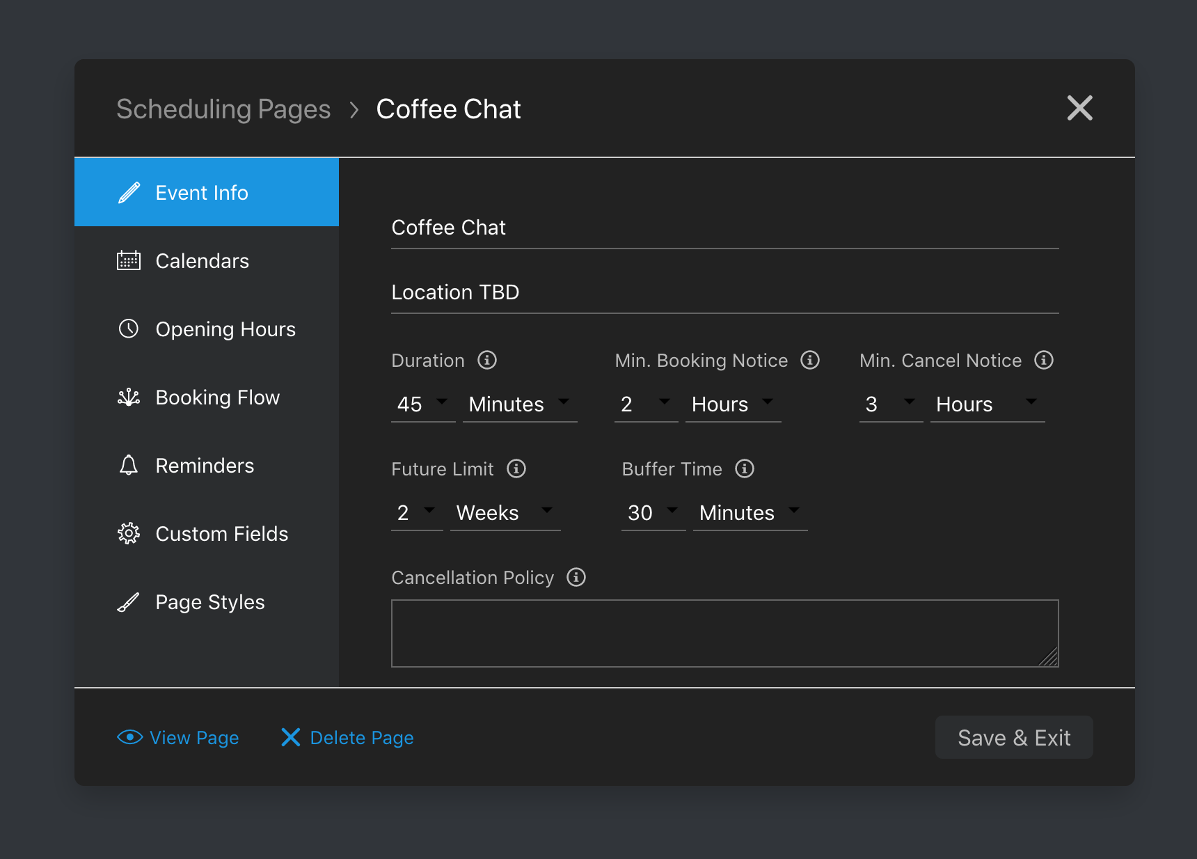 The Nylas Schedule Editor showing the event details for a coffee chat. The event details are filled in with demo information. The Editor is using the Dark Mode color scheme.