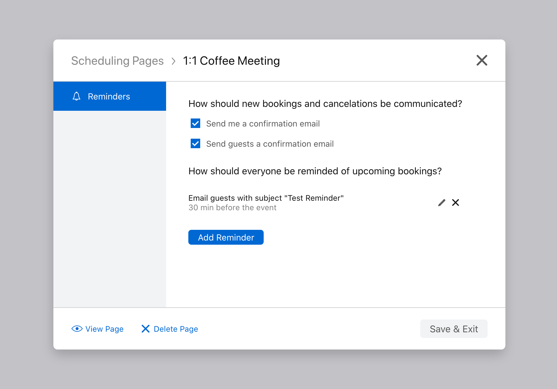 The Nylas Schedule Editor showing the "Reminders" settings for a one-on-one coffee chat. The "Send me a confirmation email" and "Send guests a confirmation email" options are selected.
