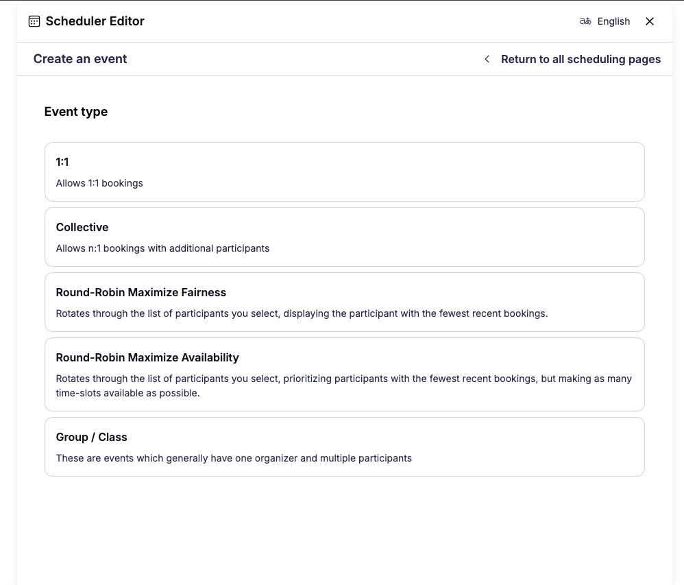 The Scheduler Editor UI displaying the Event Type screen.